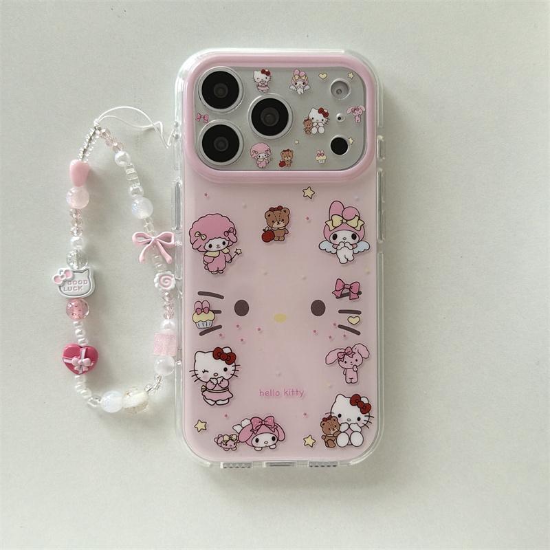 New Hello Kitty My Melody Pink Clear Phone Case With Beaded Chain For iPhone 14 15 16 17 Pro Max INS Cute Shockproof Cover Girls