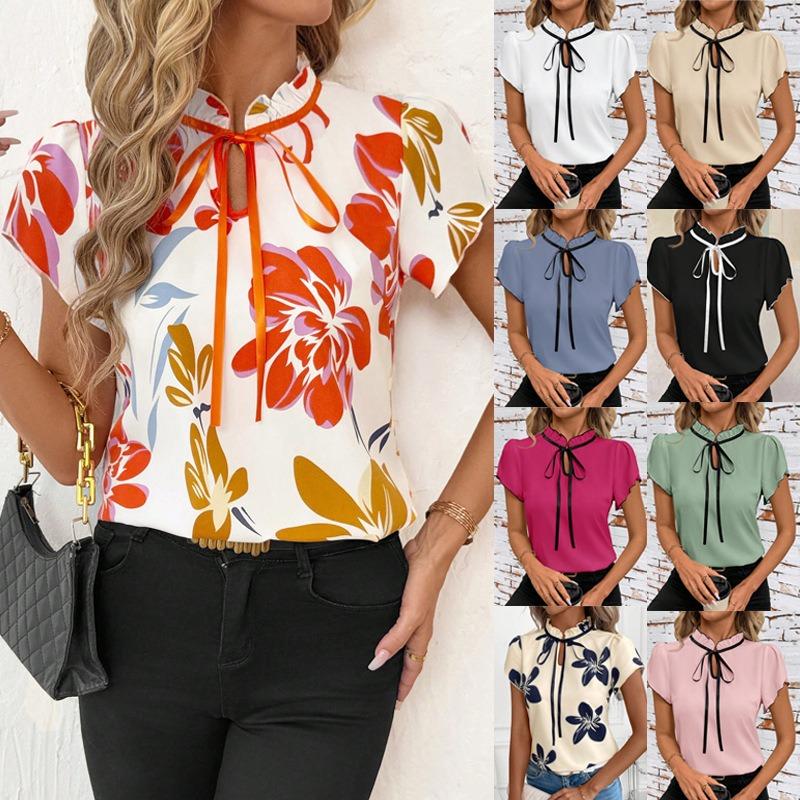 YYFS Women's Fashion Casual Summer Spring Flower Pattern Print Short Sleeve Stand-Neck Blouses & Shirts