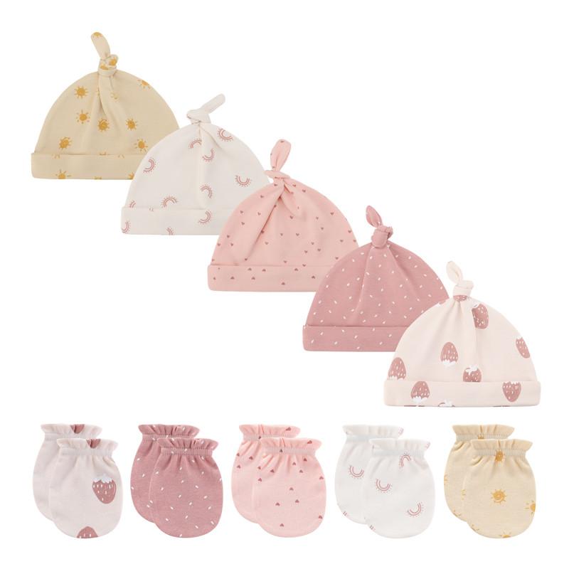 KIDDIEZOOM 0-6Months Boys Girls Hats Gloves Set 100% Cotton Soft Caps Mittens Baby Accessories