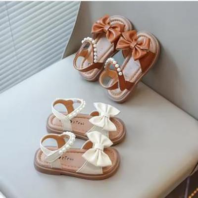 Sandalias Niñas Pequeñas Princesa Suaves con Perlas Lazo Dulces Sandalias de Vacaciones para Niños Elegantes Punta Abierta Zapatos de Verano para Niños