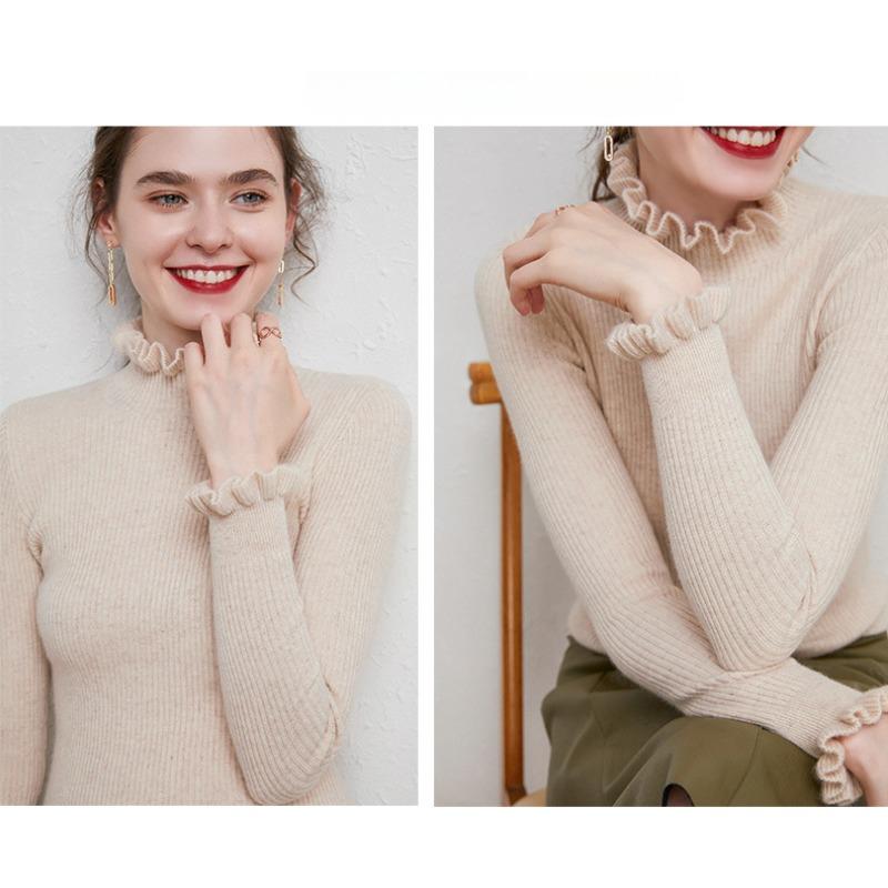 Ruffles Half High Neck Sweater Knitted Pullover Women's Long Sleeved Lace Long Sleeves Bottoming Shirt Commute Simple Casual Knitwear Autumn