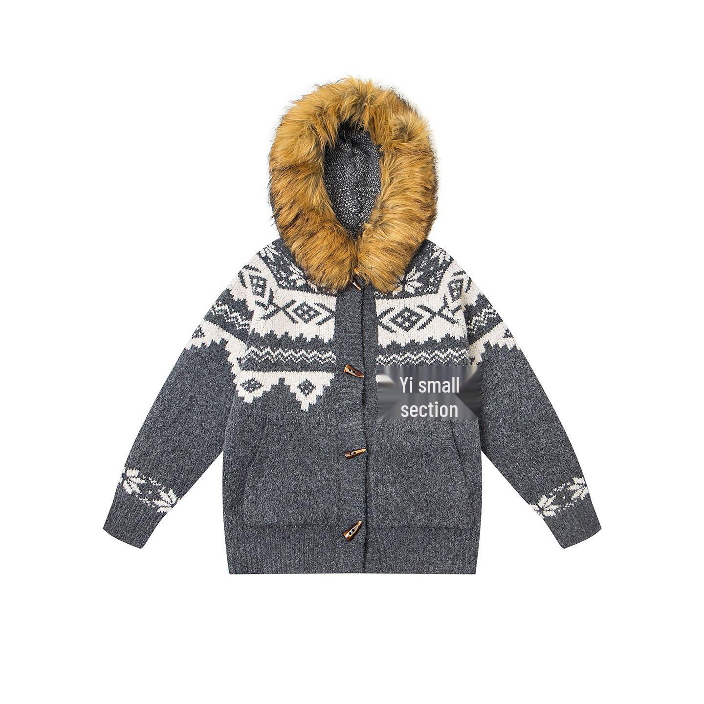 Мужской ретро-свитер с жаккардовым узором и меховым воротником - Свободный зимний вязаный кардиган Large серый