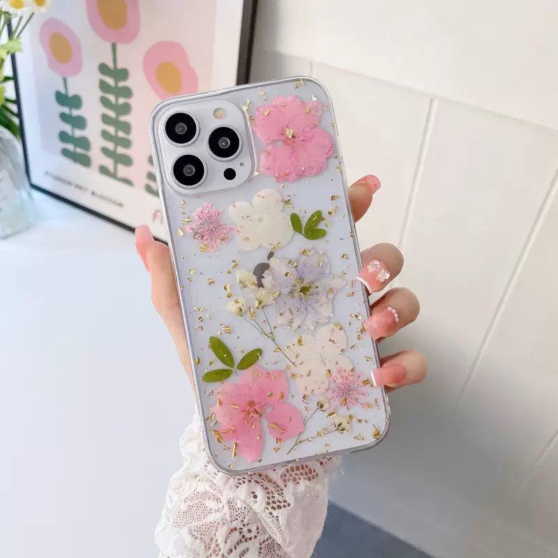 

Gold Foil Flower Mobile Phone Case Is Suitable For Apple 17Promax Real Flower Iphone16 Small Fresh 15 Soft Case. iPhone 17Promax