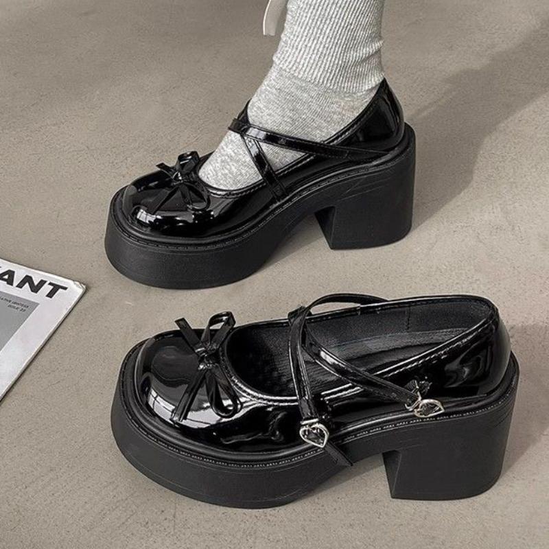 Dámské boty ve výprodeji 2024 Módní dámské lodičky s kulatou špičkou Podzimní mašle Spona Jednobarevné šaty Platforma Robustní podpatky Mělké boty