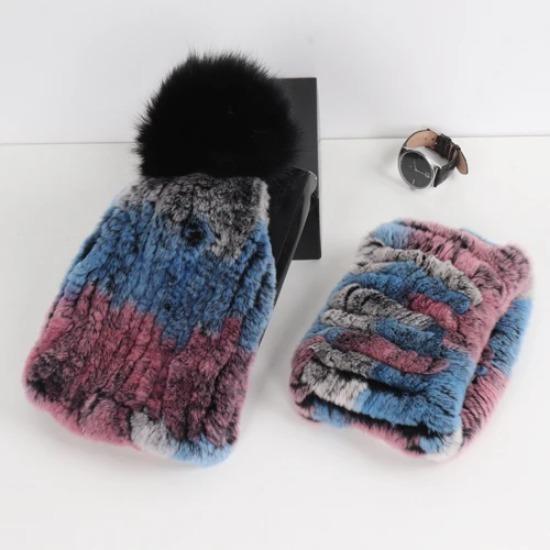 New Fashion Knitted Good Elastic Real Fur Scarf Hat Sets Women Winter Warm Natural Rex Rabbit Fur Scarves Hats Sets