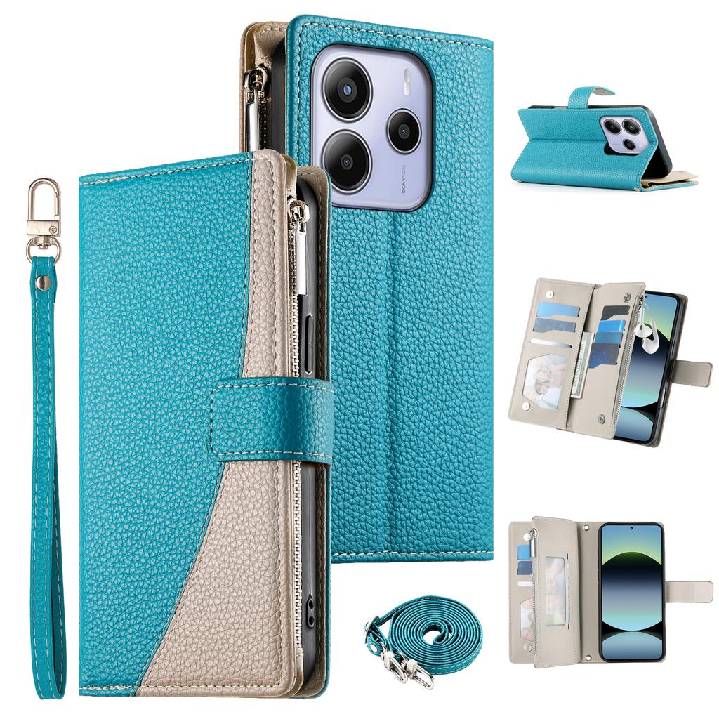 For Xiaomi Redmi Note 14 4G (164.84mm) Case Zipper Wallet Color Splicing Leather Flip Phone Cover with Straps