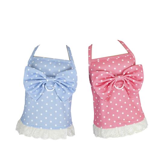 Niedliches Hundekleid mit Punktmuster, Spitzenrüschenbesatz, Prinzessinnenkleid mit großer Schleife, ärmelloses Sommer-Haustieroutfit mit D-Ring für kleine Hunde und Katzen