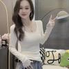 Plus Size Velvet Lace Patchwork V-Neck Slimming Long Sleeve Women's Autumn Winter Top