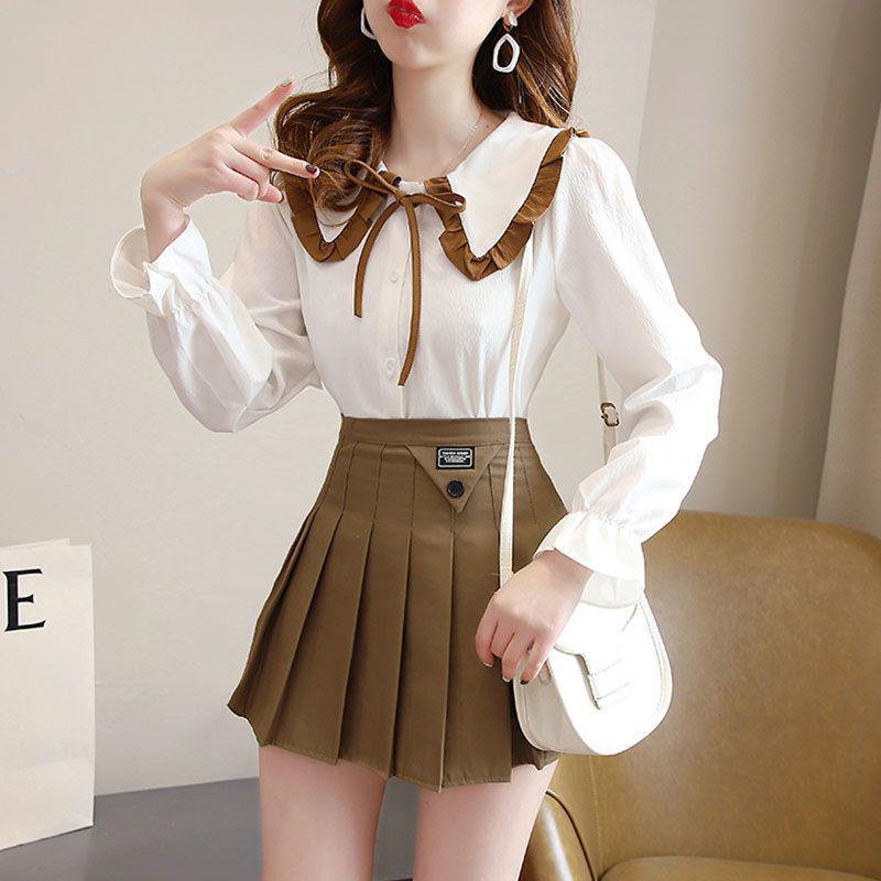 Women's Two-Piece Set: College-Style Doll Collar Shirt and High-Waist Pleated Skirt