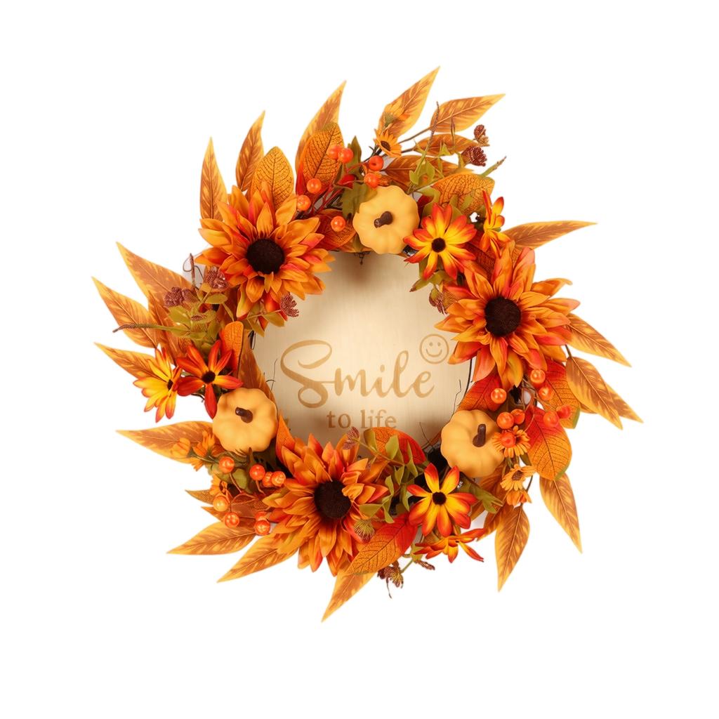 Autumn Harvest Pumpkin Wreath with Artificial Sunflowers and Daisies Home Door Hanging Decoration Fall Front Door Wreath
