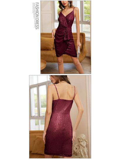 Večerní šaty bez rukávů s výstřihem do V, odhalenými zády a flitry - Vícevláknový nepravidelný design