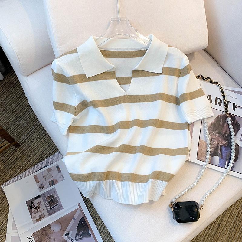 Summer New Style Ins Design Striped V-neck Short-sleeved T-shirt Ice Silk Knitted Top Women