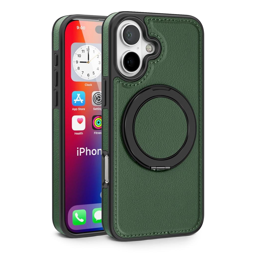 For iPhone 16 Magnetic Case Rotate Ring Kickstand PU Leather+PC+TPU Back Cover