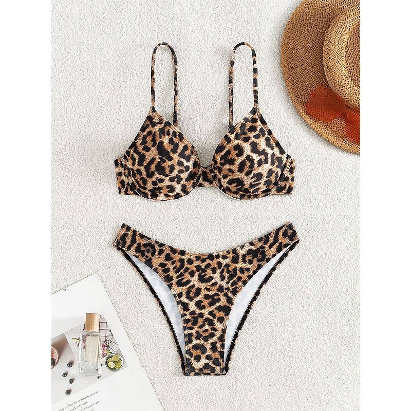 

Wind sexy snakeskin leopard print steel tray gathering soft bag small chest split bikini swimsuit women s hiking S цветной печати леопарда