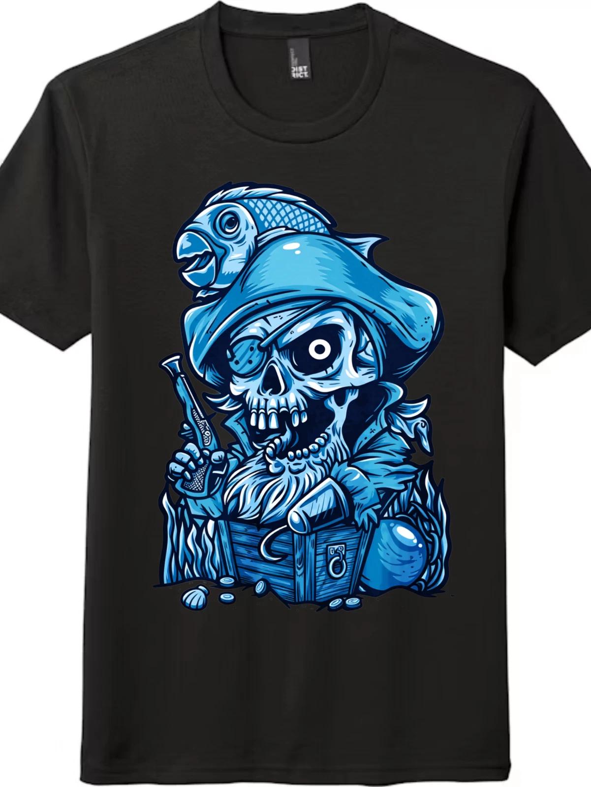 

Blue Skeleton Pirate Fishing Graphic T-Shirt Unisex Casual Tee 4XL