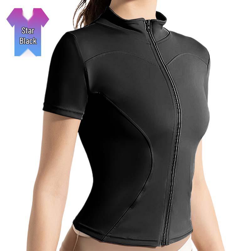 

Женская высокоэластичная куртка для йоги с коротким рукавом и воротником-стойкой - Бесшовная фитнес-куртка с ощущением обнаженности, подходящая для бега и езды на велосипеде. S