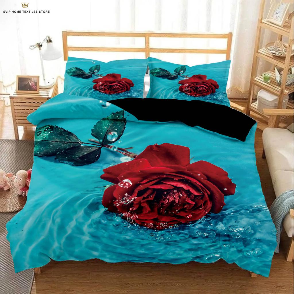 Set de lenjerie de pat cu husă de pilotă cu imprimeu retro roșu trandafir inimă de Ziua Îndrăgostiților, textile, husă de pilotă, față de pernă, lavabil la mașină, 3 piese