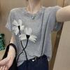 Round Neck Ice Silk Short Sleeved T-shirt with Summer Design and Three-dimensional Flower Decoration Thin Top
