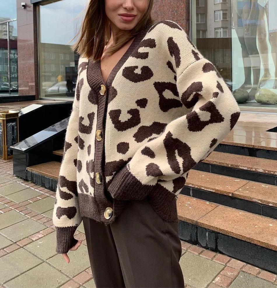Autumn and Winter Animal Print Knitted Cardigan Women's Soft Thickened Leopard Print Knit Sweater Top