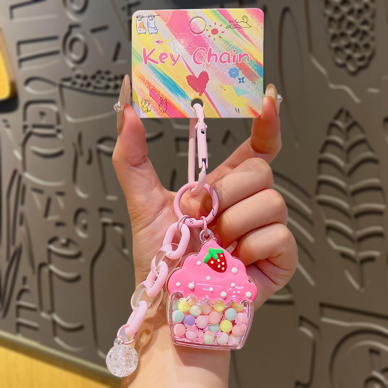 Cream Strawberry Ice Cream Pendant, Cute Flowing Sand Oil Keychain, Creative Small Accessory, Bag Pendant
