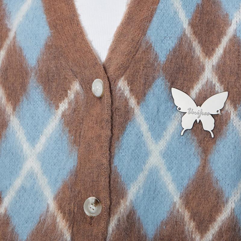 UNIFREE Women's Plaid Knit V-Neck Cardigan