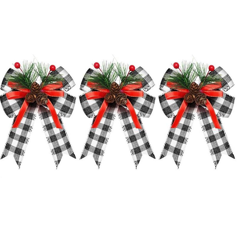3 Pcs Christmas Bows with Pine Cones Needles Xmas Velvet Bow Red Ribbon Christmas Tree Wreath Decoration Indoor Crafts DIY Decor