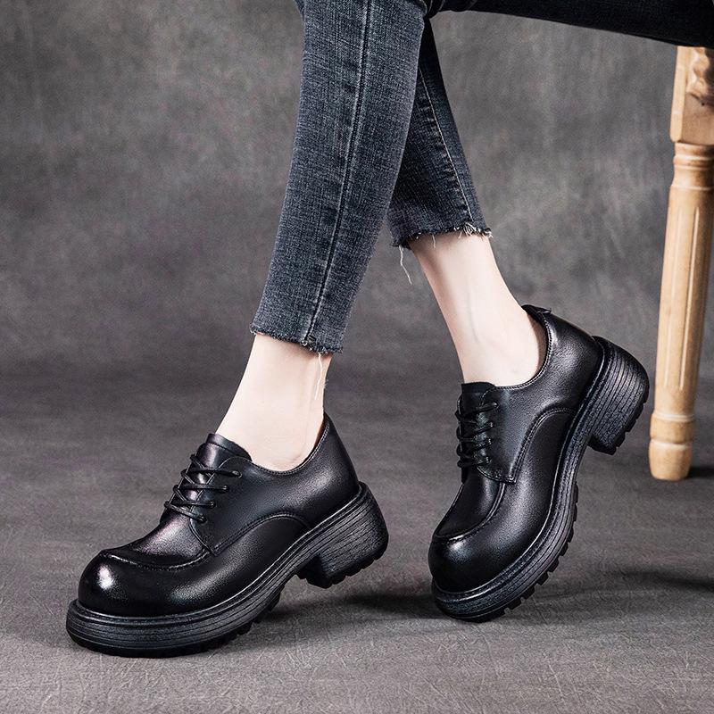 [Heavy Industry] First-layer cowhide loafers for women's autumn 2025 new leather retro lace-up small leather shoes