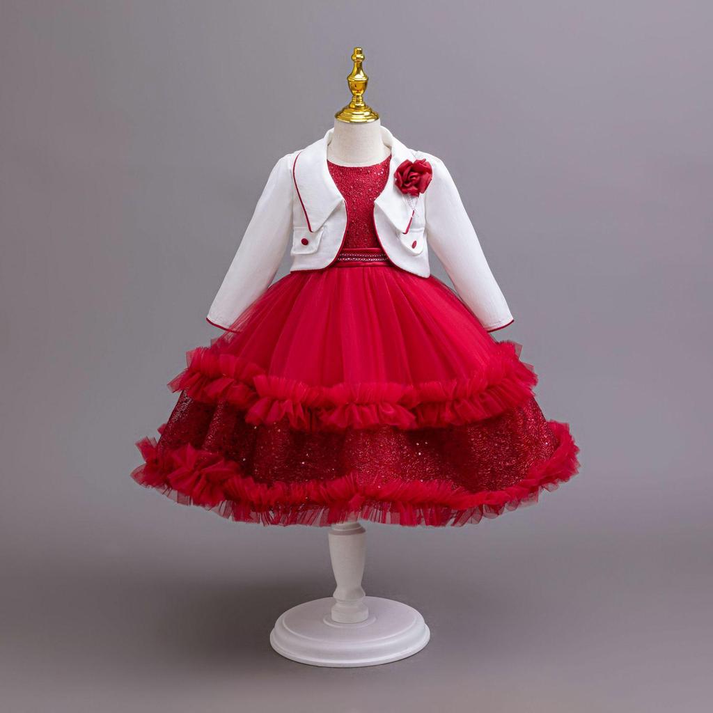 Dívčí šaty set Jaro Podzim Flitrovaná tylová sukně Dětské párty šaty Roztomilé princeznovské šaty a kabát Oblečení 2dílný oblek 5-11 let