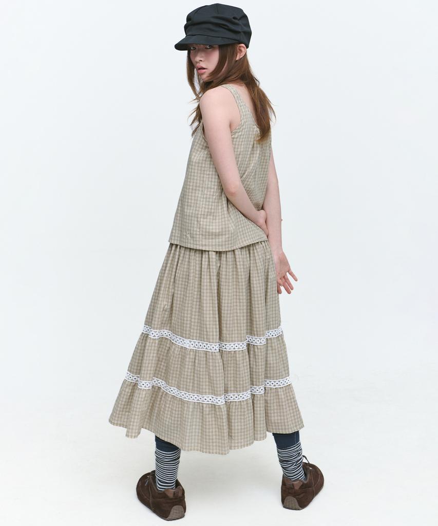Some Place Check Mix Lace Voluminous Flare Tiered Shirred Sleeveless Layered Long Dress [Beige]