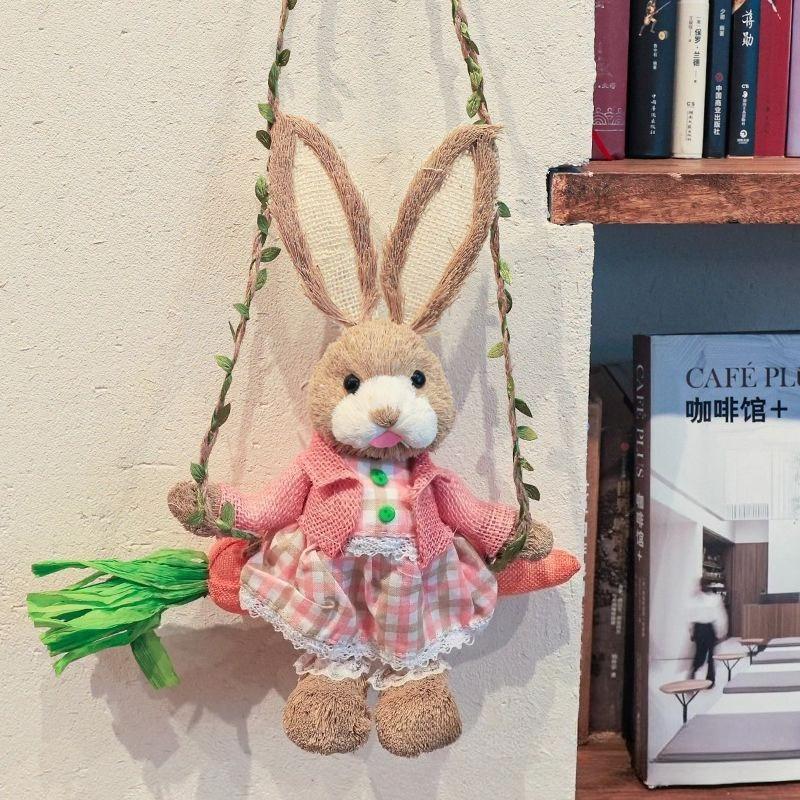 Handwoven Straw Bunny on Swing Easter Spring Home Decor Christmas Ornament Unique Gift Nursery Shelf Decor Farmhouse Crafts