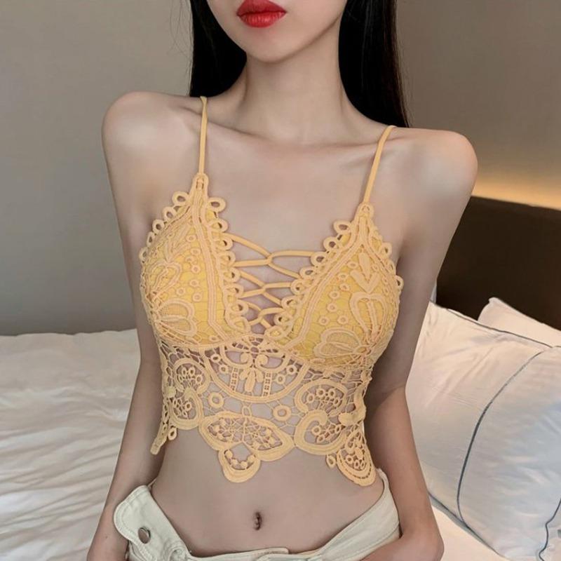 Lace Crochet Camisole With Chest Pad For Women Inner Outer Wearable Deep V Backless Casual Wild Corp Tops