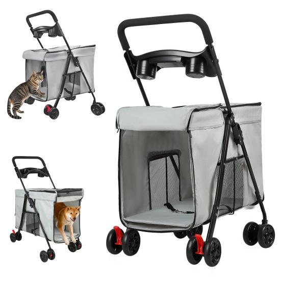 Dog Stroller with 360-degree Wheels, Foldable Pet Cart, 5 Ventilation Windows & Removable Tray, Outdoor Travel Dog Cart for Small/Medium