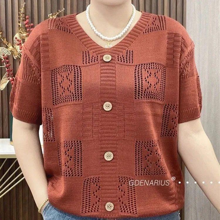 Slim Casual Base Knitted Short Sleeved Hollowed Out Shirt Solid Basic Tee Tops