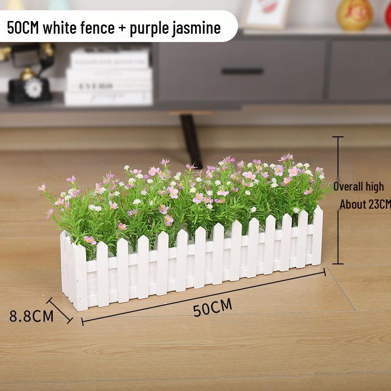 Silk Flower Pot with Wood Fence: Decorative Bonsai for Living Room or Office.