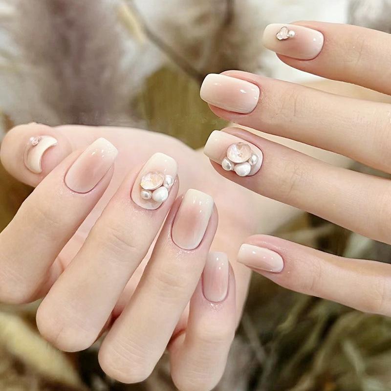 

Pure & Sexy Milky White Blush Rhinestone Press-on Nails - Short, Cute, Wearable Nail Art Tips Glue Type