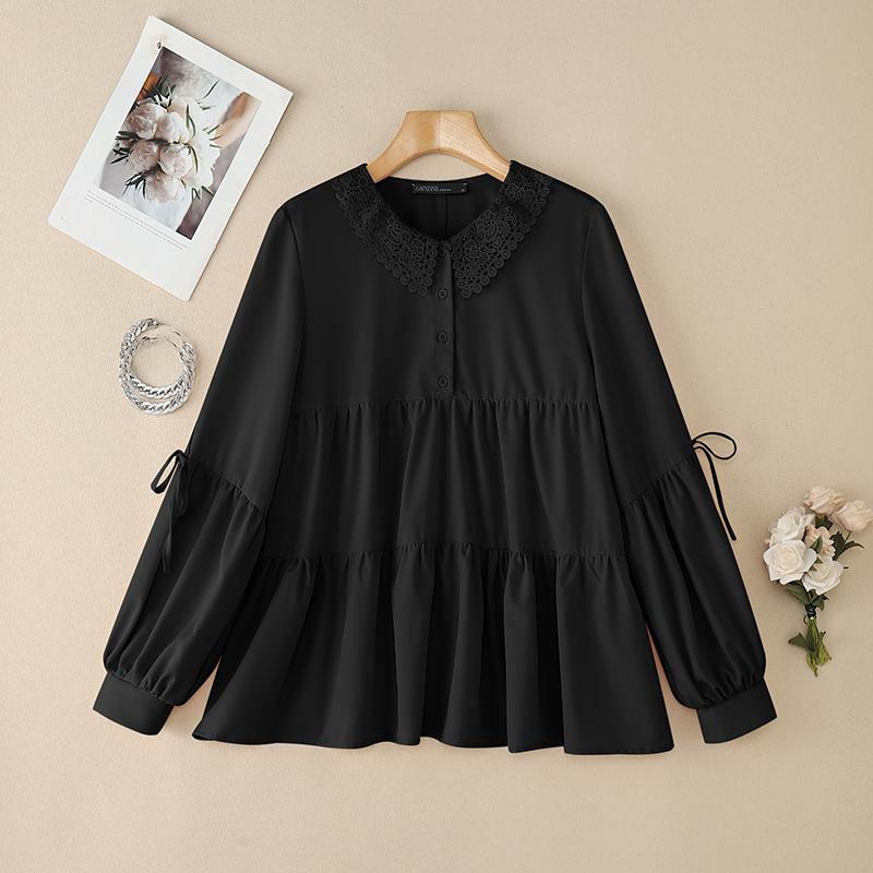 ZANZEA Women Lace Splice Round Neck Casual Long Sleeve Blouse