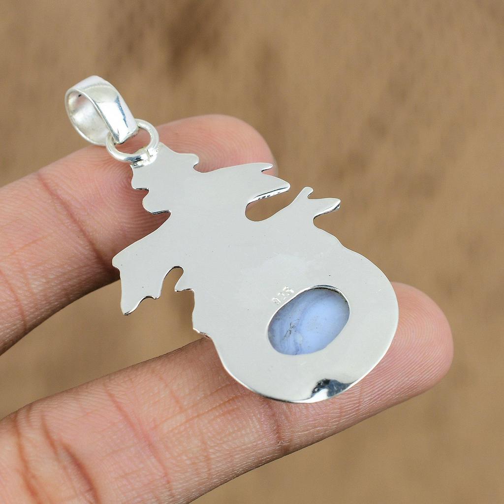 Wedding Gift For Her 925 Silver Natural Blue Lace Agate Gemstone Pendant