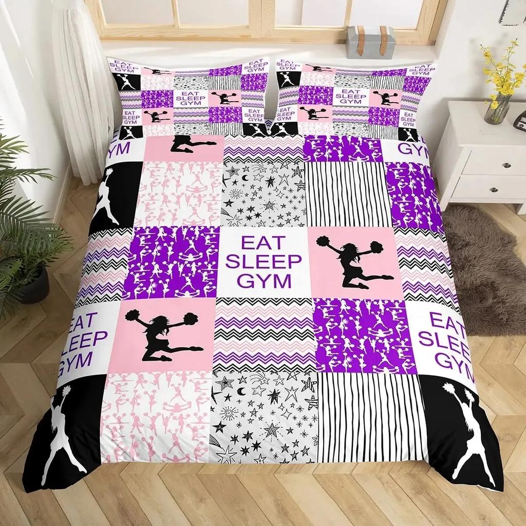 Cheerleader Duvet Cover Set Full Size,Girls Dancer Comforter Cover Geometric Checkered Bedding Set Girls Cheerleading Bedspread