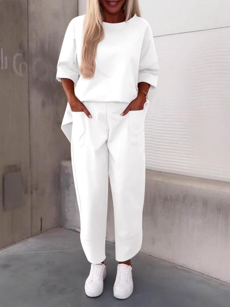 2024 Autumn/Winter Women's Solid Crew Neck Long Sleeve Set with Pocket Pants.