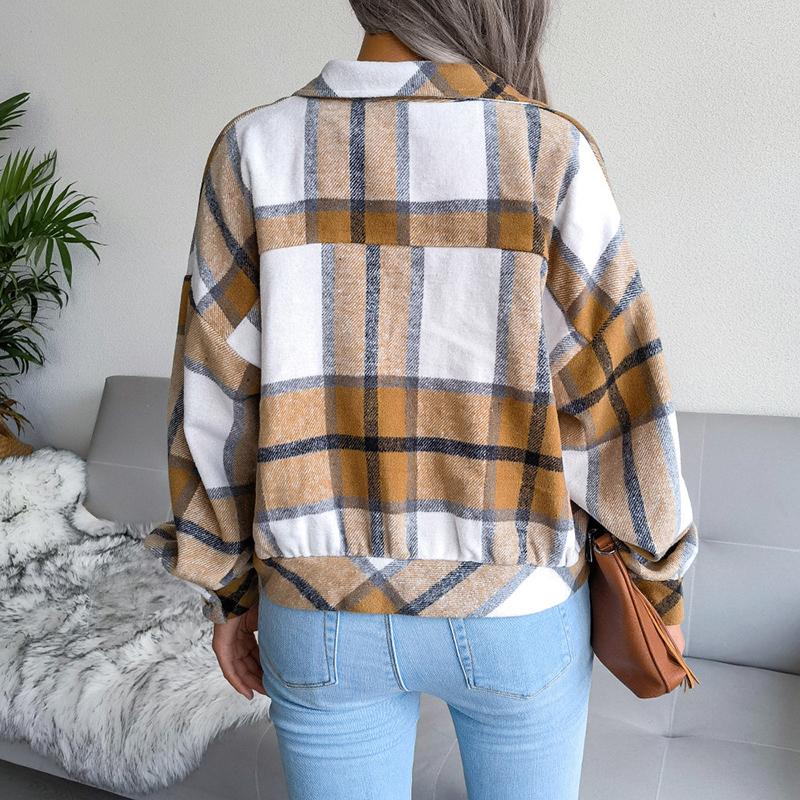 Fall Women Jacket Contrast Color Plaid Print Turn-down Collar Single-breasted Fake Pocket Long Sleeves Loose Commuting Coat