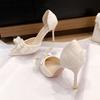 Fashion Elegant Pearl Bowknot Bride Wedding Shoes Woman Sexy Pointed Toe Stiletto High Heels Pumps Women Shiny Crystal Dress Party Shoes