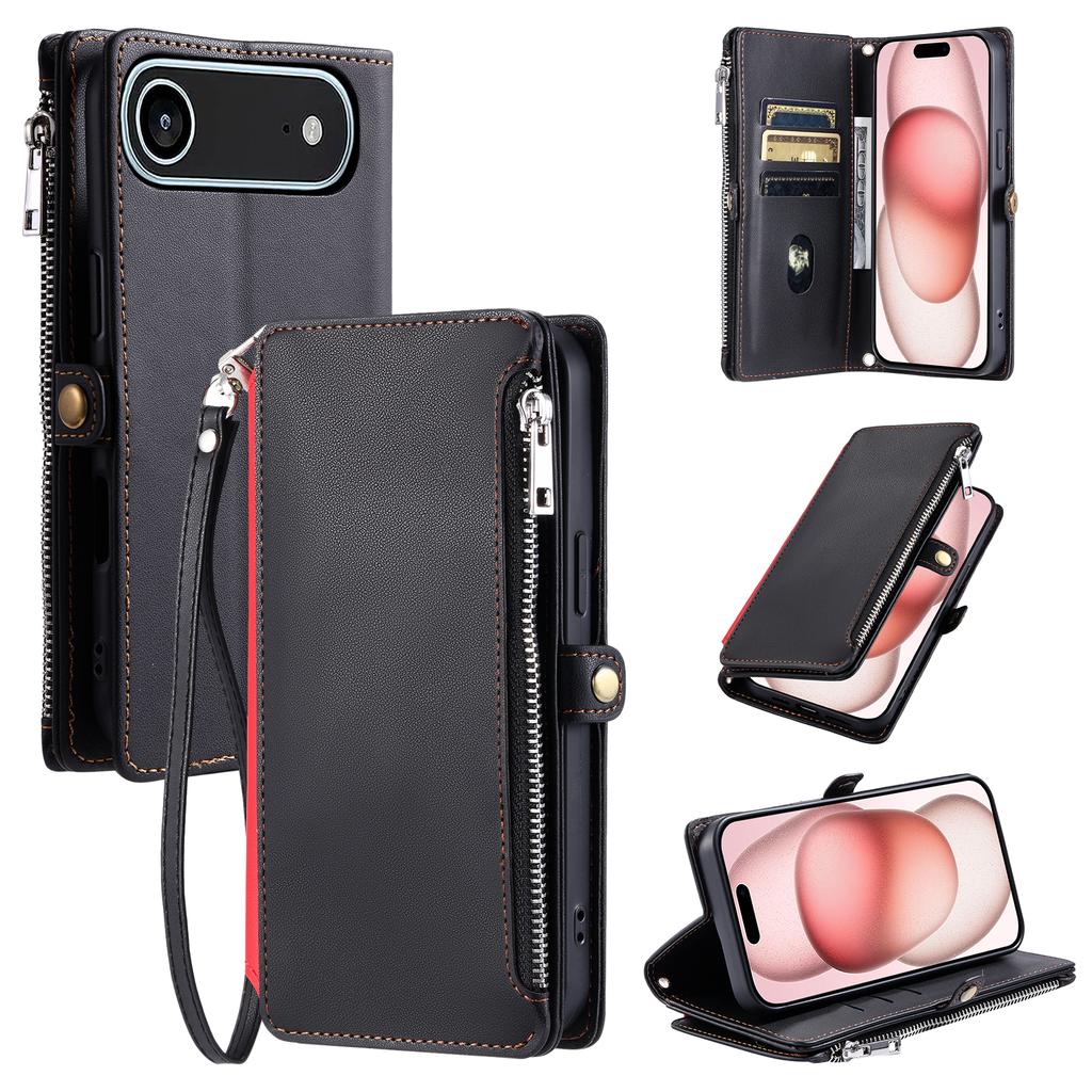 For iPhone 17 Air Case TPU+PU Leather Wallet Phone Cover with Wrist Strap