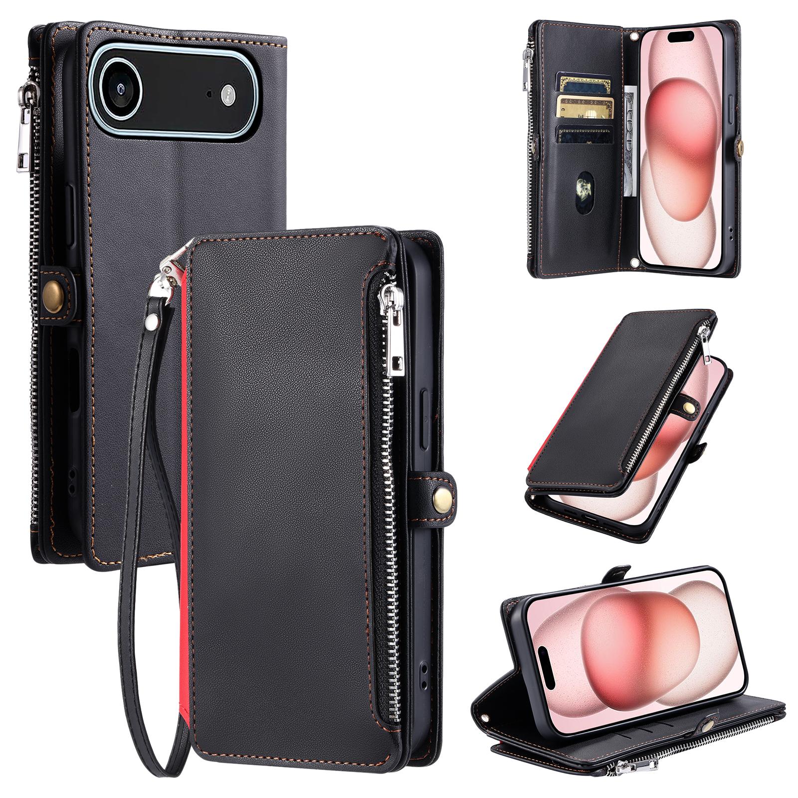 

For iPhone 17 Air Case TPU+PU Leather Wallet Phone Cover with Wrist Strap Black