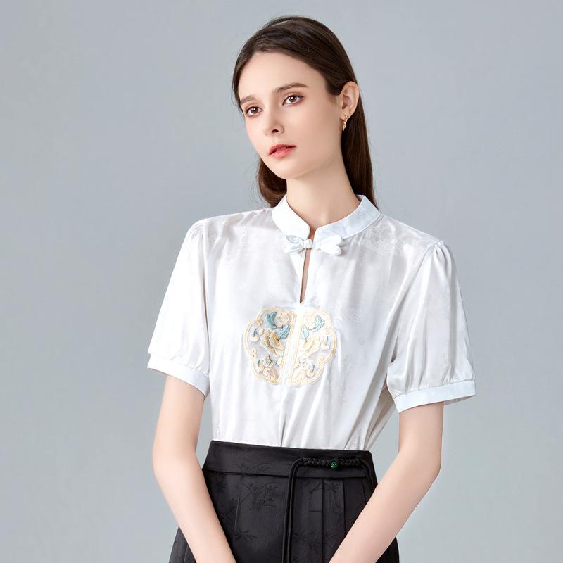 Chinese Style Short-sleeved Shirt for Women New Women's Stand-up Collar Embroidered Chiffon Shirt New Chinese Top