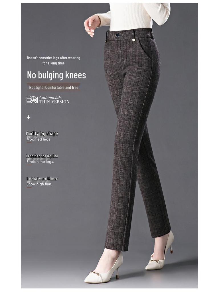 High-Waisted Wool Plaid Slimming Pants for Autumn/Winter 2024 - Straight-Leg, Slim-Fit, Casual Wear for Middle-Aged Women.