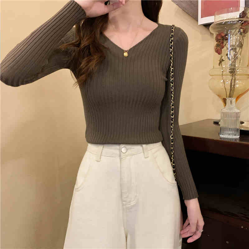 Autumn and Winter New Slim Fit V-neck Pullovers Sweaters Women Long Sleeve Base Knitted Sweater for Women Fashion Solid Casual Knitwear Jumpers 25671