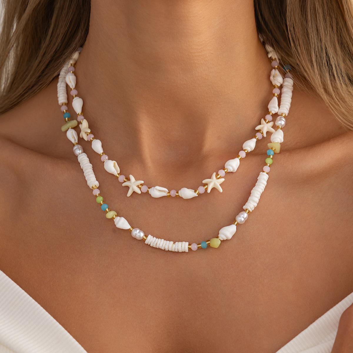 Bohemian Ins Sea Star Shell Piece Bead Necklace Vacation Style Sea Conch Gravel Stacked Collarbone Necklace