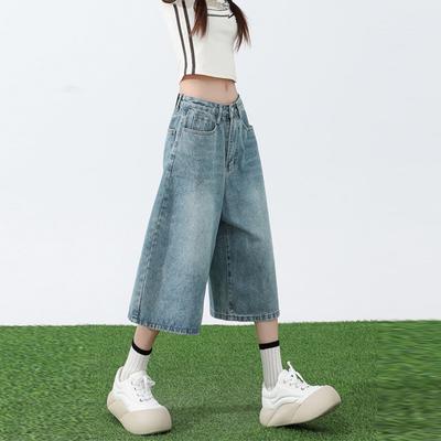 Damen Sommer Vintage Einfach Lässig Denim Caprihosen Weiblich Streetwear Y2K Hohe Taille Locker Gerade Weiter Bein Jeans Hosen