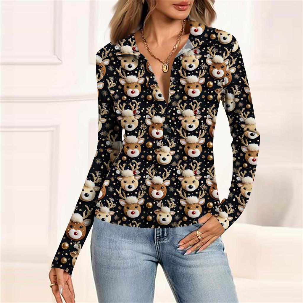 Damska Moda Casual Drukowana Bluzka z Dekoltem w Serek, Długim Rękawem, Zapinana na Guziki