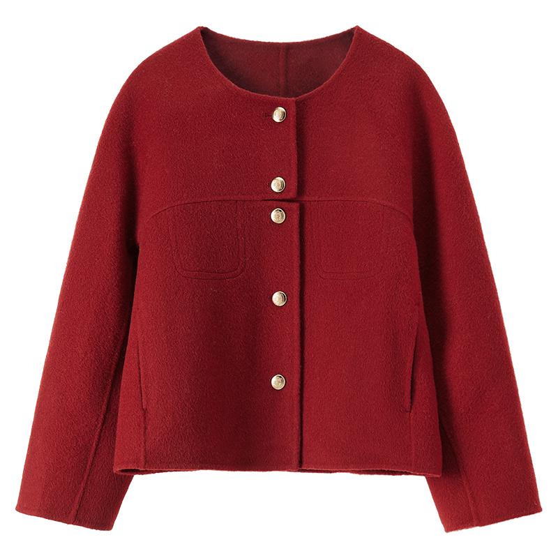 Women's 100% Wool Round Neck Short Woolen Coat